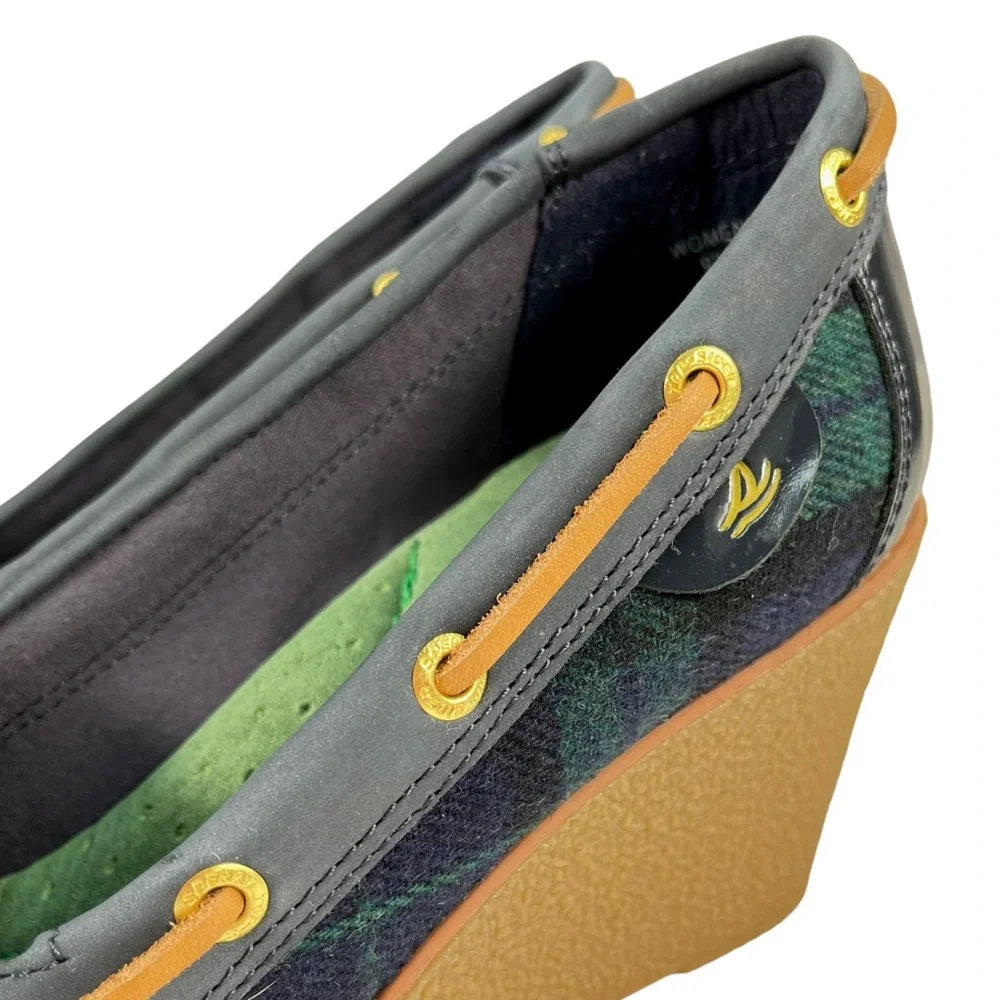 Sperry Top-Sider | Goldfish Navy & Green Plaid Wedge Heels Boat Shoes Women’s 6M